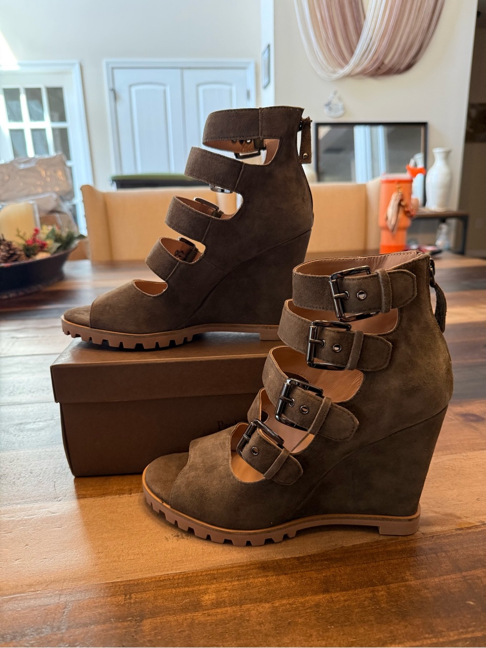 Linea Paolo Wisteria-L Dk Olive Kid Suede Strappy Wedge Sandals